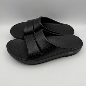 OOFOS OOahh Luxe Slide Sandals Unisex M9 W11 Black Croc Embossed Recovery Shoe